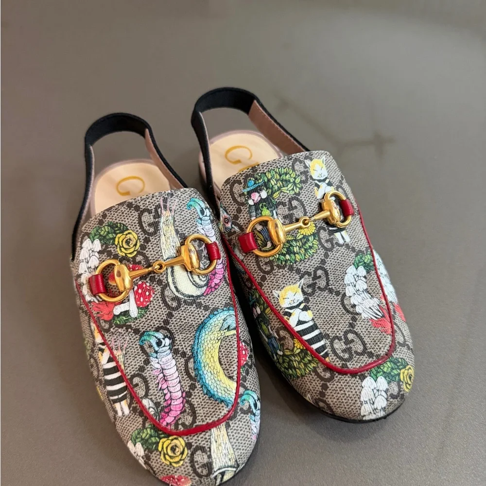 Gucci Kids Beige GG Supreme Floral Print Horsebit Moccasins with Red Trim